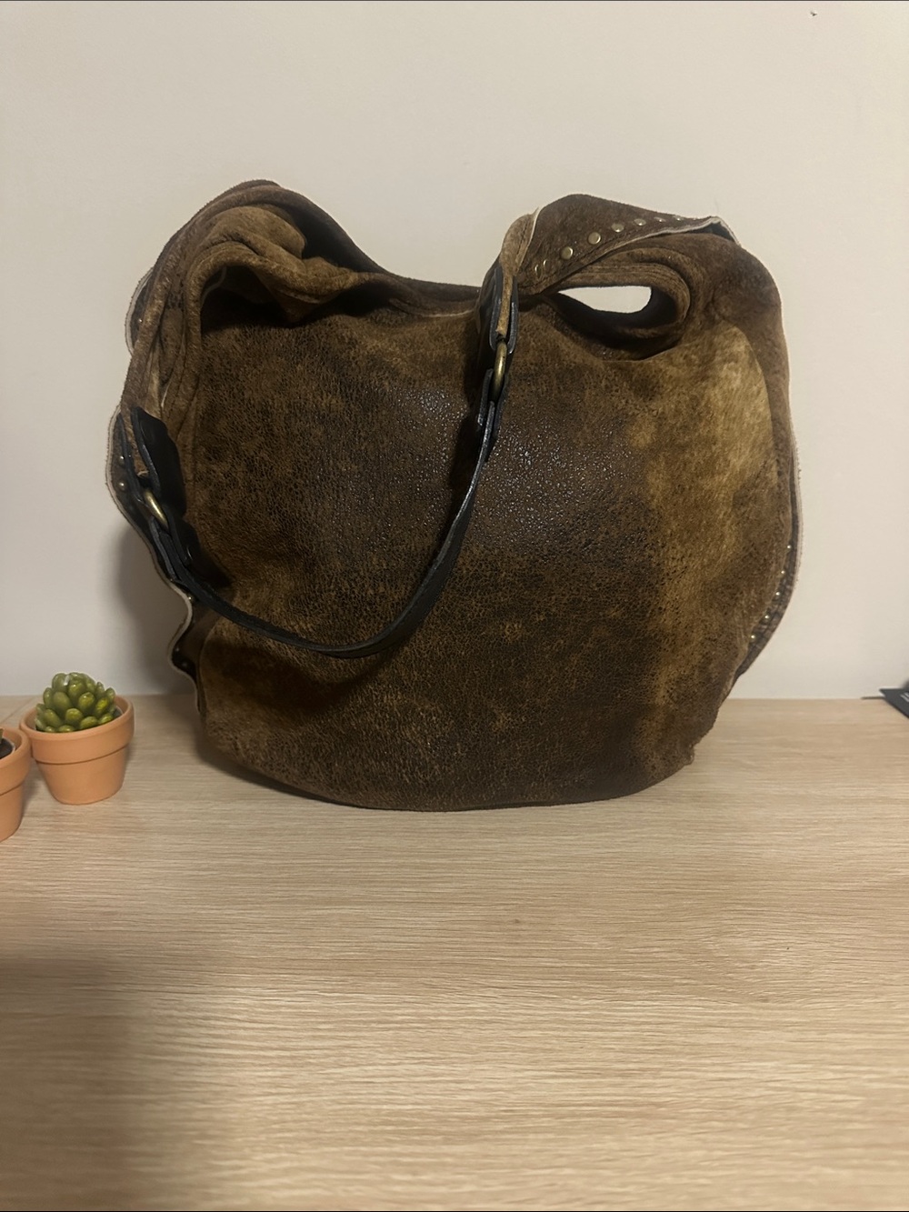 Vintage 90’s Vin Baker Brown Suede Hobo Shoulder Bag Studded Leather Strap NWOT